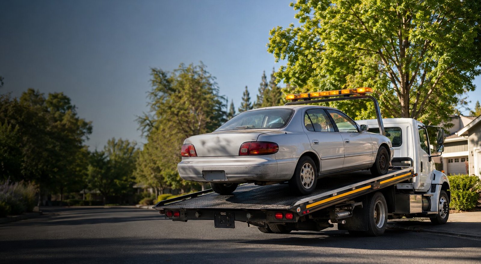A used sedan being picked up by a flatbed tow truck in a Sacramento neighborhood